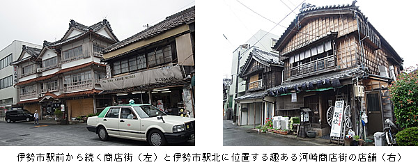 伊勢市駅前から続く商店街（左）と伊勢市駅北に位置する趣ある河崎商店街の店舗（右）