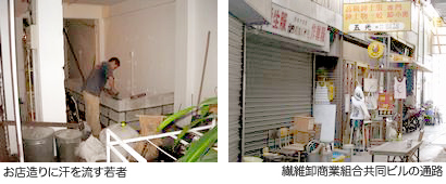 お店造りに汗を流す若者 繊維卸商業組合共同ビルの通路