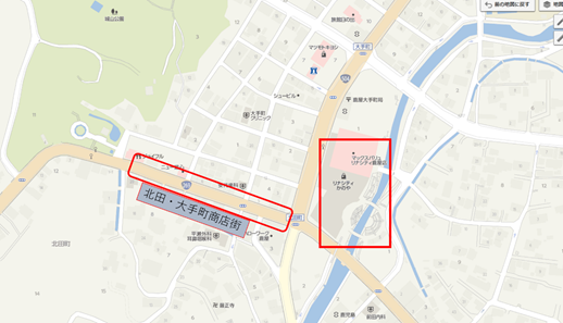 (リナシティと商店街の位置関係地図)