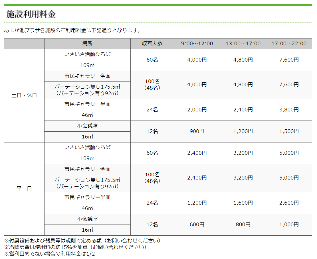 あまが池プラザの施設利用料金一覧（あまが池プラザホームページより）