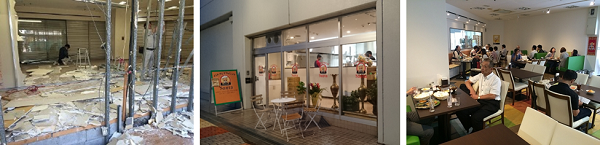 テナント改修工事の様子と入居したインド料理店（ＭＭ21提供）